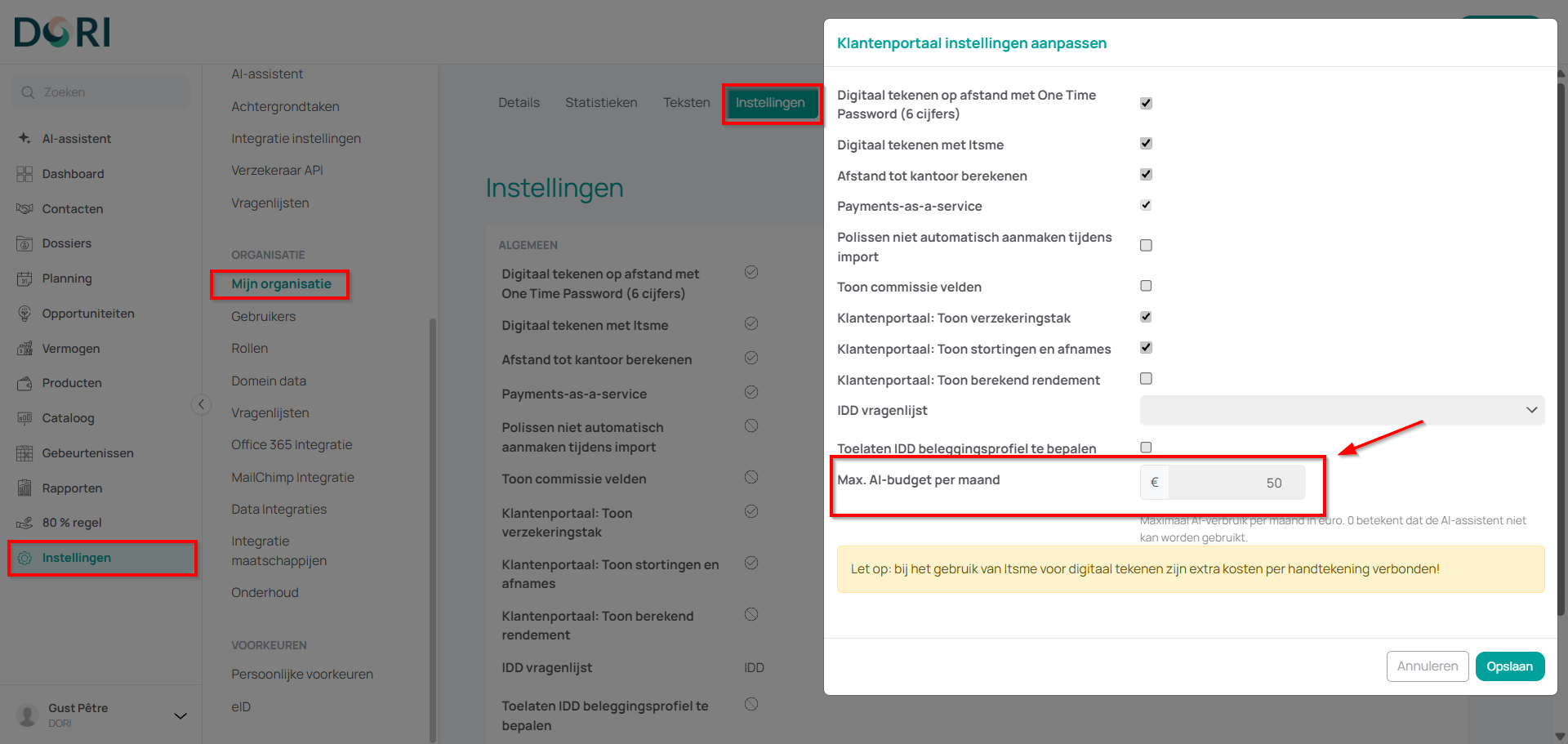 Het veld Max. AI-budget per maand in het bewerkvenster onder Instellingen → Mijn organisatie → Instellingen