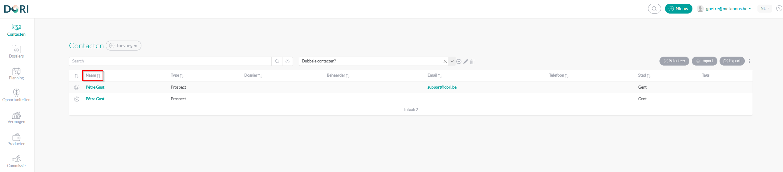 Dubbele contacten overzicht