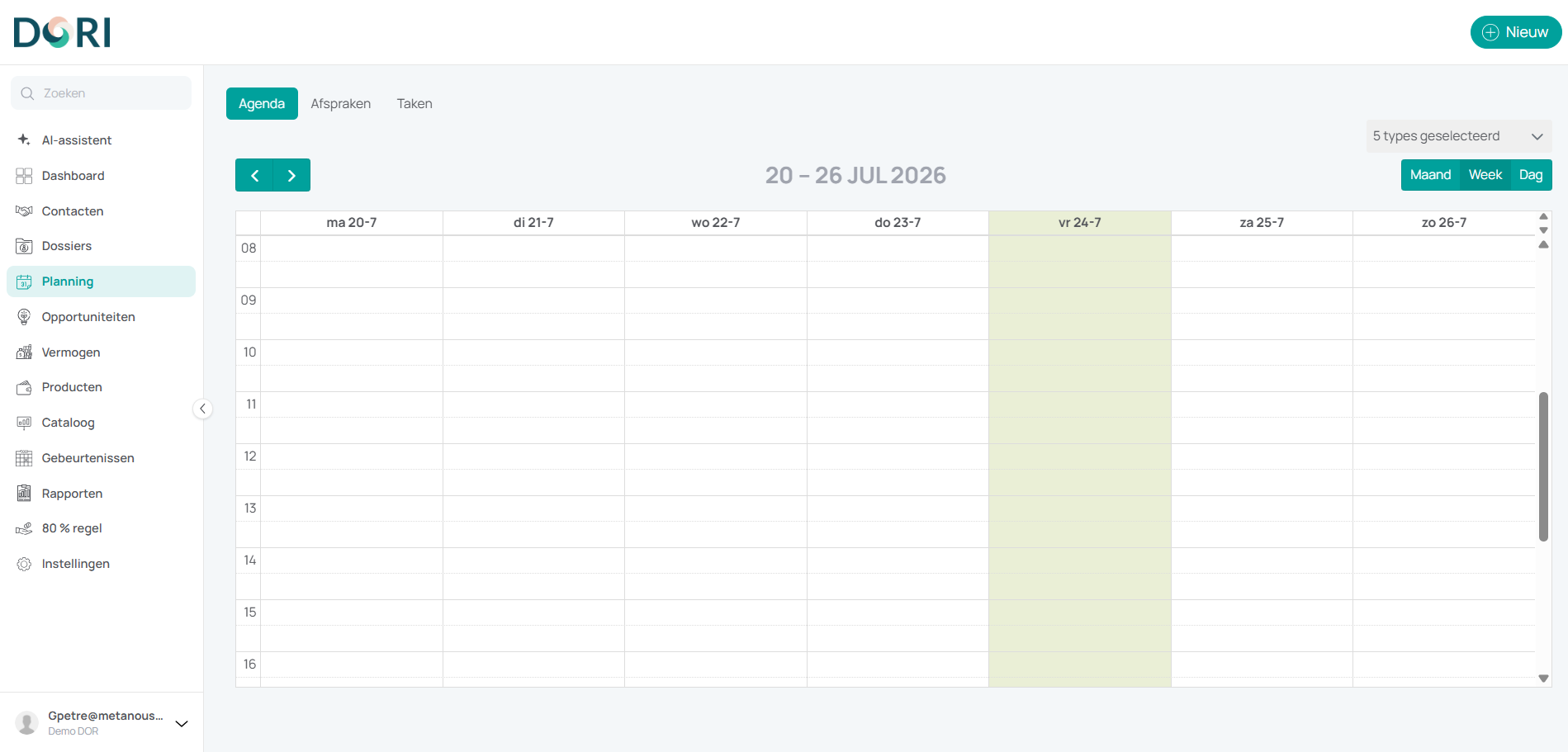 De agenda-kalender in DORI met maand-, week- en dagweergave