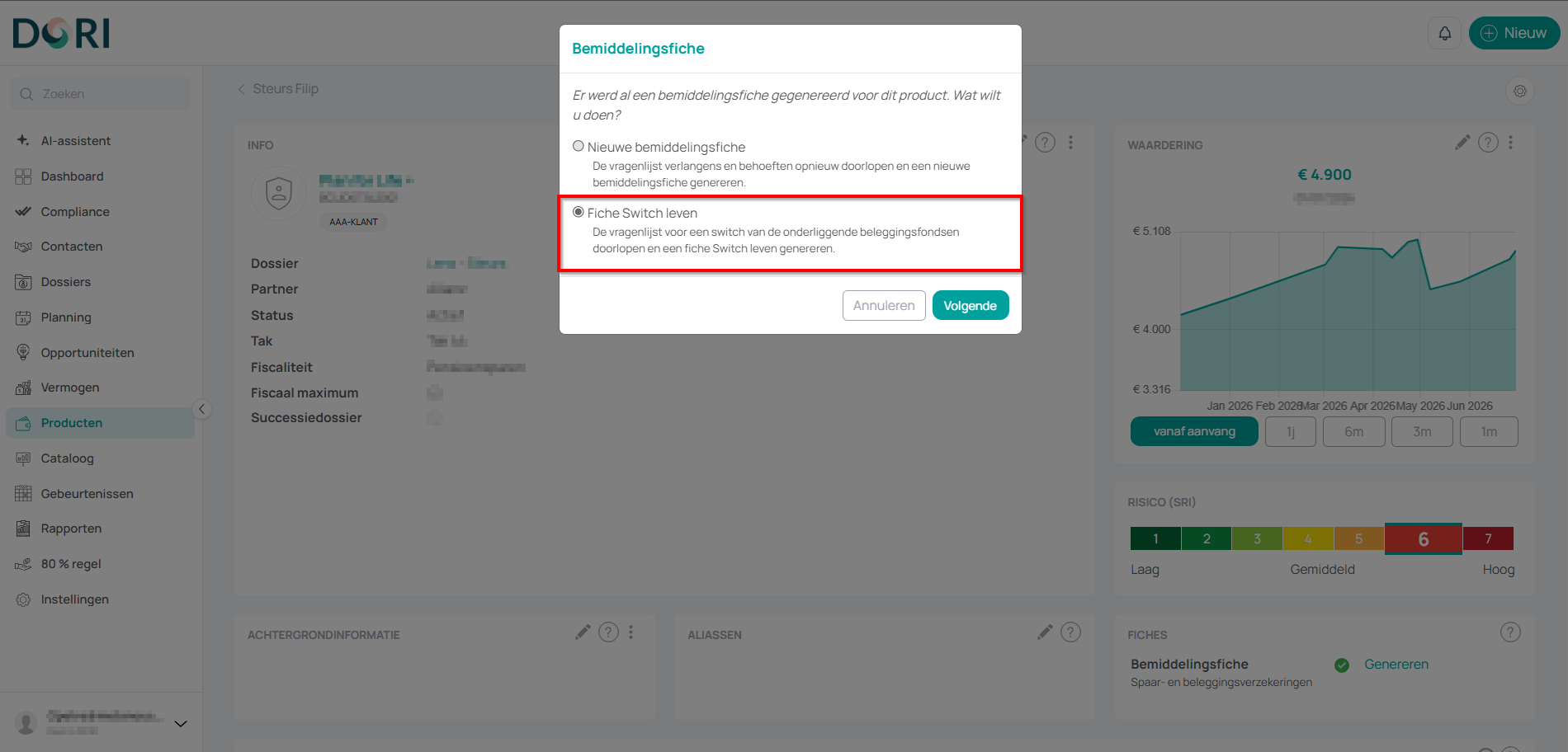 Het venster met de keuze tussen een nieuwe bemiddelingsfiche en de fiche Switch leven