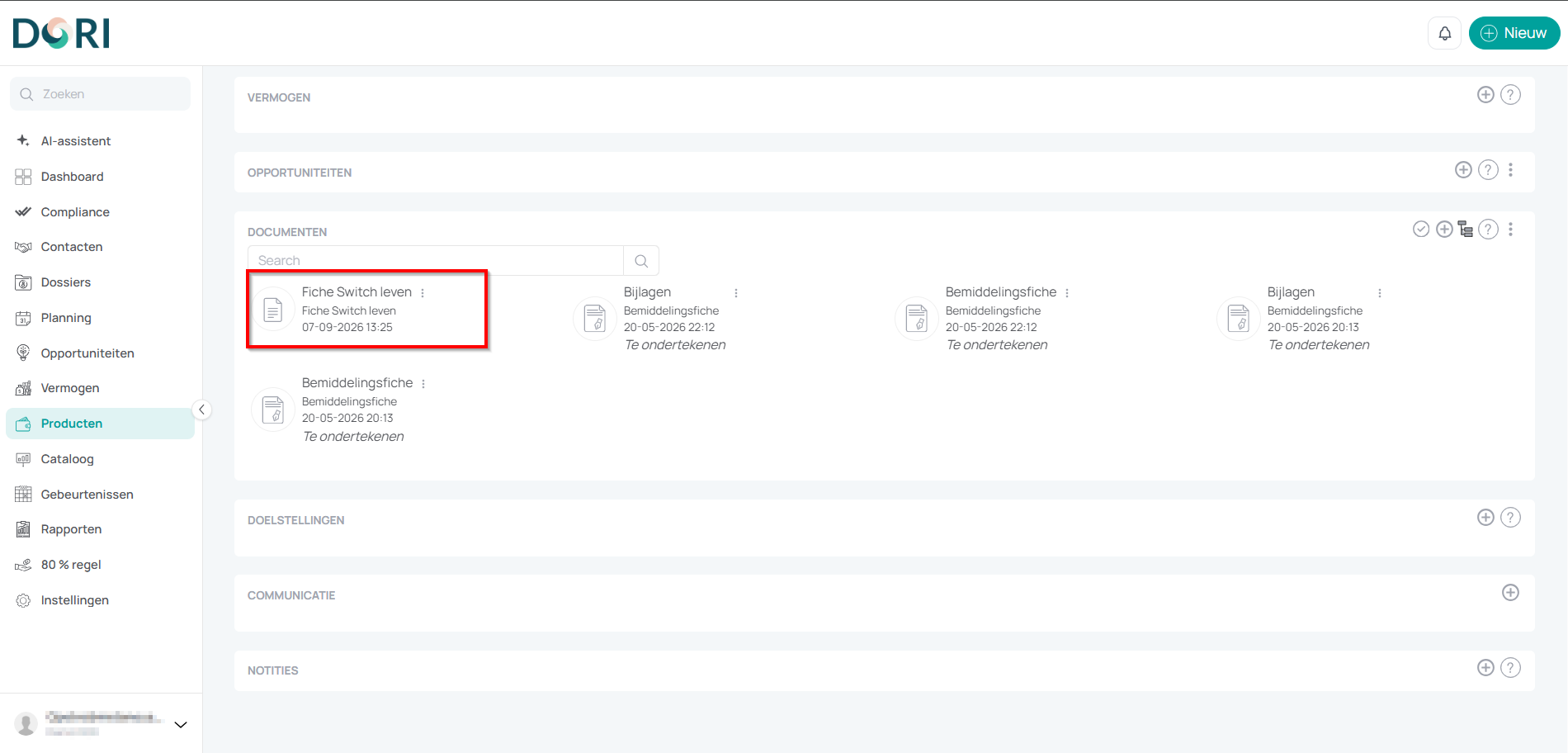 Het blok Documenten op de productfiche met het document Fiche Switch leven
