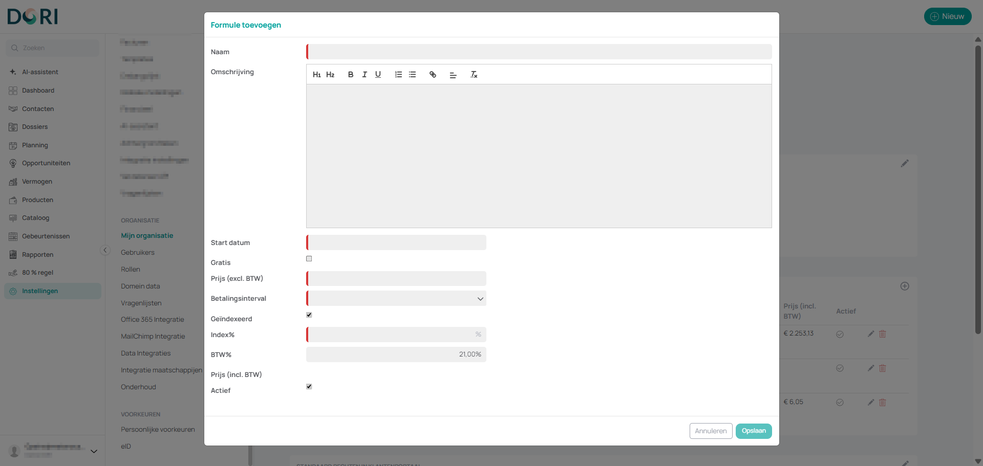Het blok Formules onder Payments-as-a-service