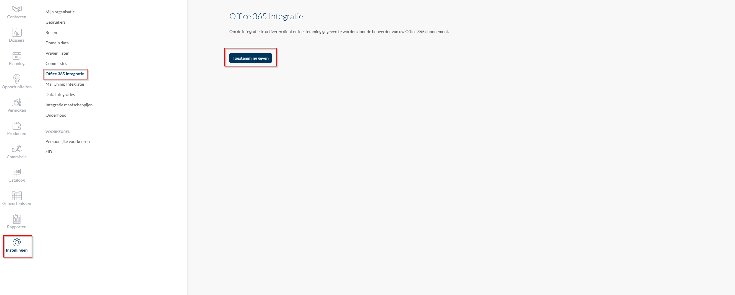 Office-365 integratie toestemming